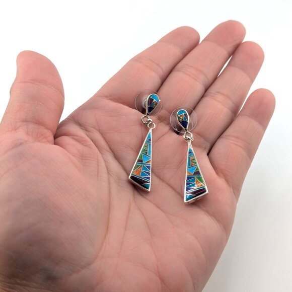 Handmade Native American Multi-Stones Dangle Earrings Sterling Silver Jewelry ** - Picture 1 of 11